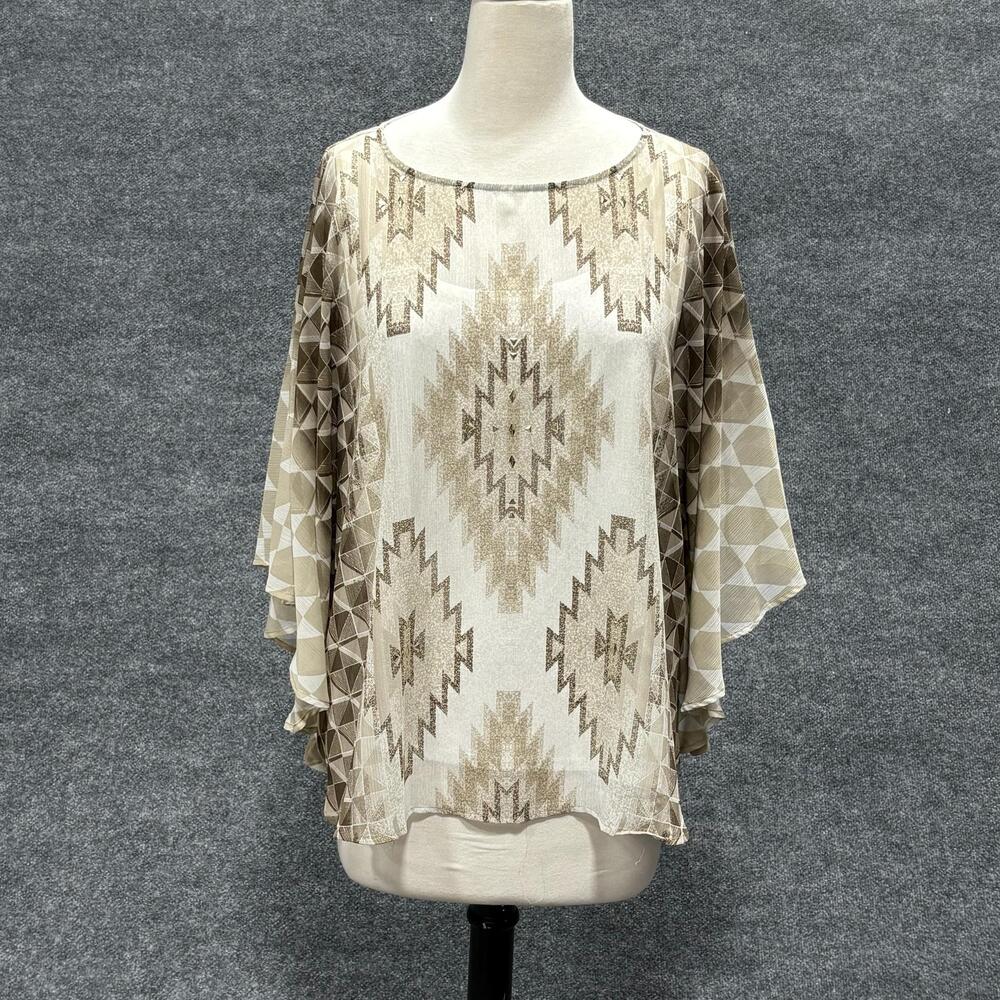 Ruby Rd Shirt Womens XL Beige Geometric Kimono Sleeve Scoop Neck Lined Boho Top